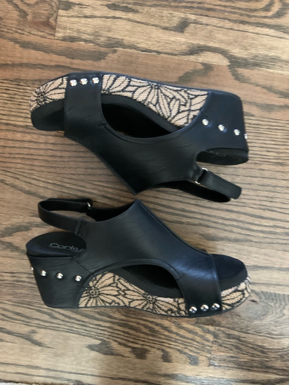 Corkys Black Carley Open-Toe Slingback Wedge Sandals Floral Wrap Cork - Picture 8 of 10